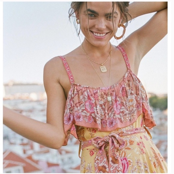 Spell & The Gypsy Siren Floral Ruffle Marigold Pink Slip Dress - Picture 3 of 12